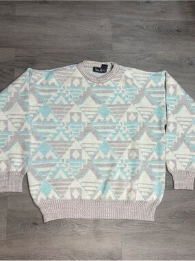 VTG Van Cort 90’s retro geometric Teal White Grey sweater pull Over Sz M